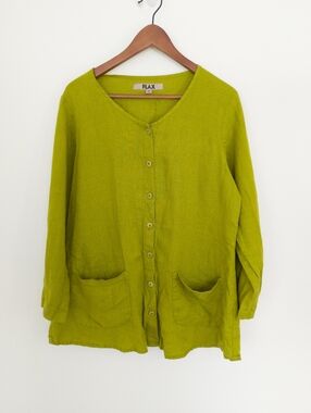 FLAX 100% Linen Button Down Shirt Jacket Chartreuse Lime Green Small
